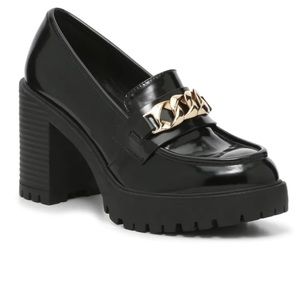 Steve Madden Nakos Pump Black Patent Leather Platform Loafer Chain Detail 7.5